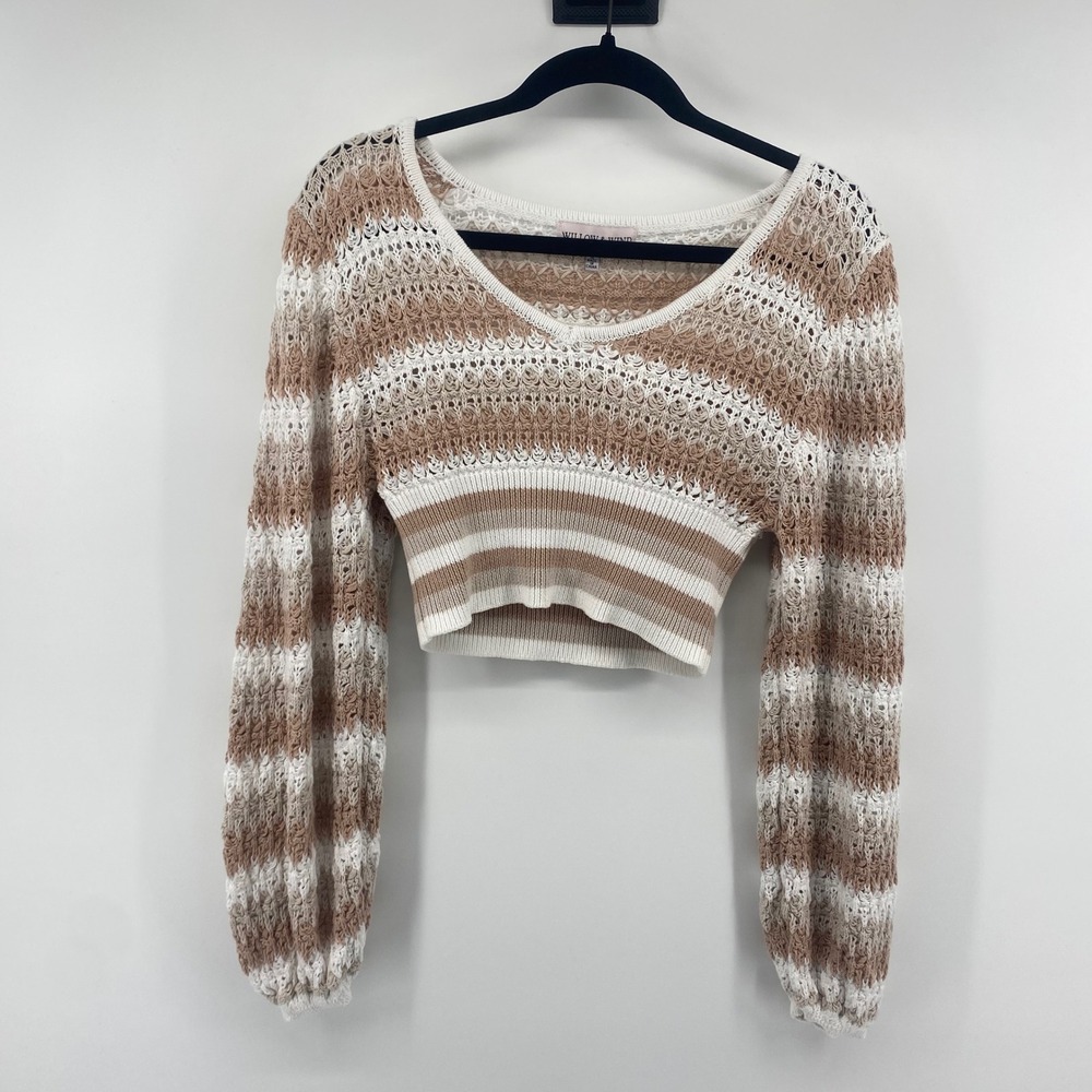 Willow & Wind Open Knit Sweater Women M Ivo Pink Striped V-Neck Cropped Boho NWT